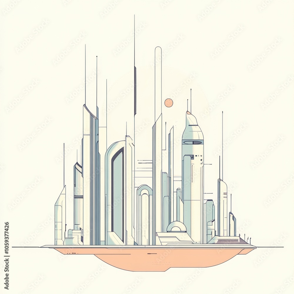 Aufkleber A sleek skyline showcases futuristic architecture with clean lines and geometric forms, bathed in sunlight and set against an abstract background. Generative AI