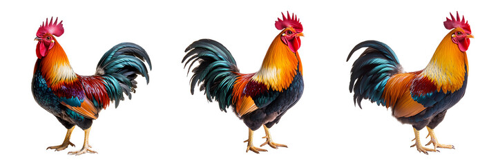 Fototapeta premium Set of rooster with colorful plumage isolated on transparent background (4)