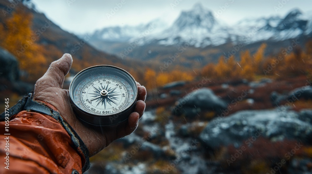 Poster A person wearing an orange jacket holds a compass while navigating through a stunning mountainous area adorned with autumn colors. The weather is cloudy and damp.