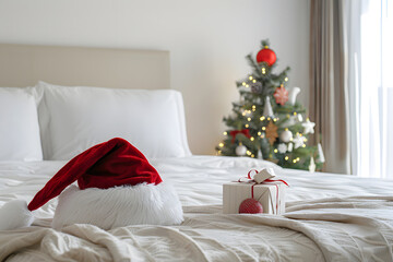 Santa hat and gift box on bed in bedroom.