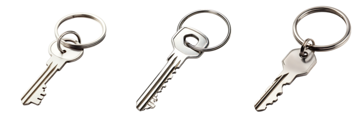 Set of silver keyring with a single house key isolated on transparent background