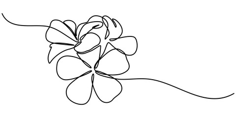 Plumeria flowers in continuous line art drawing style. Minimalist black line sketch on white background, Plumeria flowers in continuous one  line art drawing. Frangipani blossom. Vector illustration.