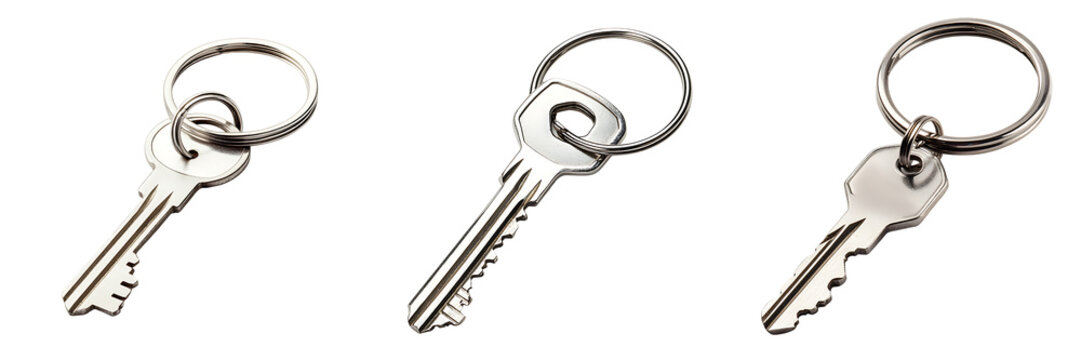 Set of silver keyring with a single house key isolated on transparent background