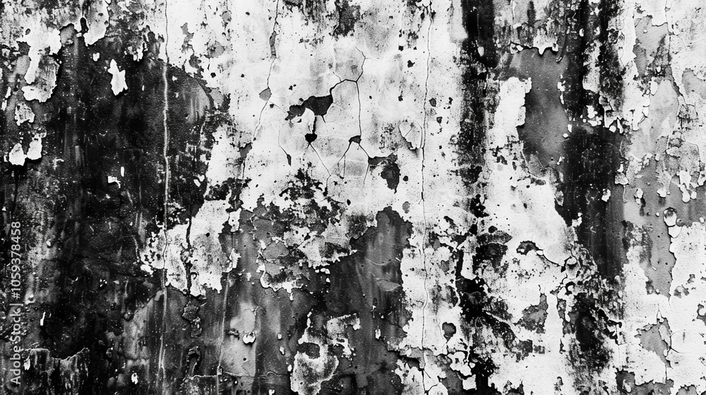Poster the wall features layers of peeling paint, creating a complex texture in monochrome, highlighting th