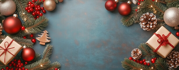 Christmas present gifts and Christmas fir tree with decoration on blue vintage background