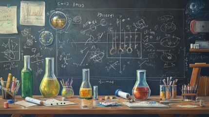 Detailed Blackboard Displaying Science and Math Concepts