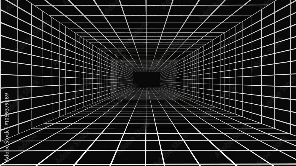 Poster a striking visual of a three-dimensional grid tunnel extends into the distance, with white lines con