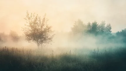 Atmospheric landscape with golden sunrise and teal tones. Misty meadow with tree silhouette at dreamy dawn. Soft fog texture with light rays effect. Serene nature concept.