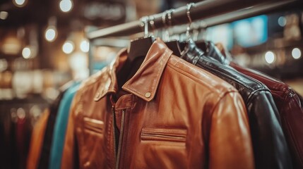 Stylish Leather Jackets on Hanger in Boutique