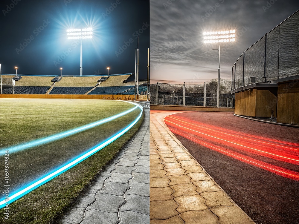 Poster minimalist sports background with neon light trails and motion blur effect for dynamic action scenes