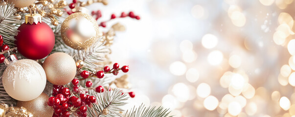 Obraz premium Christmas fir tree with colourful balls and decoration, sparkle light. Christmas and New Year holiday background