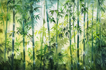 Tall bamboo stalks create a lush green canopy as sunlight gently filters through the leaves, illuminating the peaceful forest in the morning light