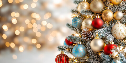 Close up of Christmas fir tree and Christmas balls against golden background with boke lights