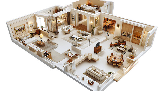 A detailed 3D floor plan of a modern apartment layout.