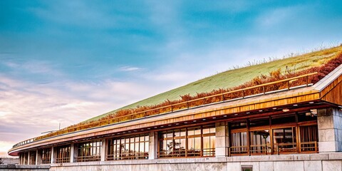 Modern Architectural Marvel with Green Roof and Balcony Design for Sustainable Living