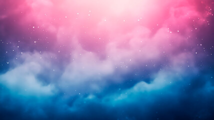 Naklejka premium Abstract background with pink and blue clouds. Glowing light particles with bokeh effect on soft foggy texture. Dreamy cosmic or magical sky concept