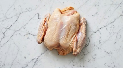 Raw chicken s being pounded flat on a white marble countertop.