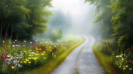 Obraz premium Serene Misty Pathway Through Flowering Meadow