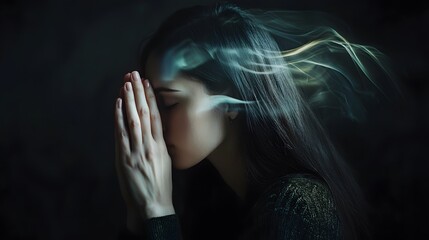 Young woman in distress sitting alone with hands covering her face. Feelings of mental strain and inner conflict