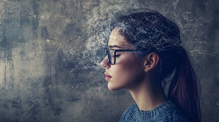 Expressive portrait of mental distress with textured effect. Woman with intense thoughts and emotional chaos