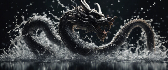 Obraz premium A Chinese dragon made from water splash over black background