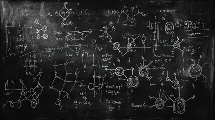 Blackboard Full of Science Equations and Molecular Diagrams