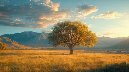 Fototapeta premium A lone tree stands in a field at sunset, with mountains in the background.