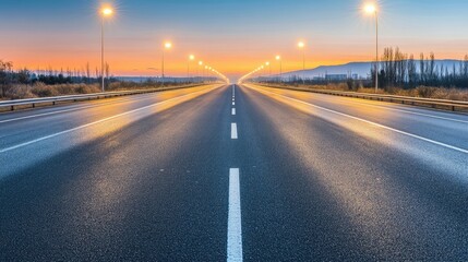 Obraz premium Serene Road Under Sunset Sky with Street Lights