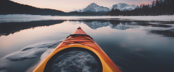 A person kayaking in lake water in winter with snow mountain at sunrise