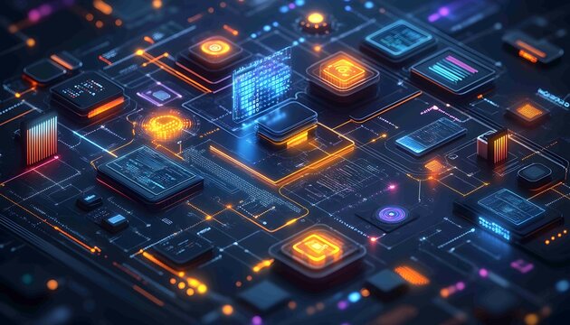 Digital Transformation Blueprint, blueprint of an organization with digital pathways and nodes representing tech integrations—AI, IoT, big data, 