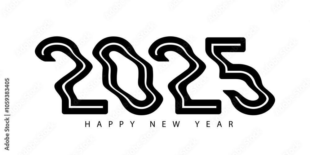 Aufkleber happy new year 2025 wavy text in trendy y2k psychedelic style. happy new year 3d number 2025 distort