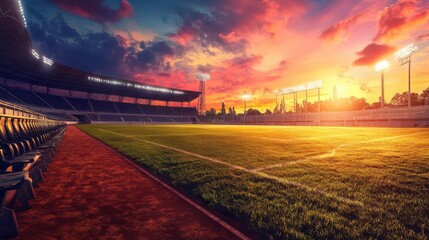 Fototapeta premium A panoramic view of a stadium complex at sunrise, with the sky turning shades of pink and orange, symbolizing new beginnings and opportunities in sports