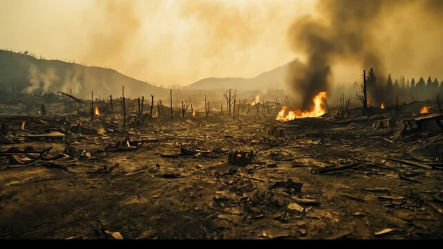 Smoke and flames rise from a forest fire that has destroyed a large area of land