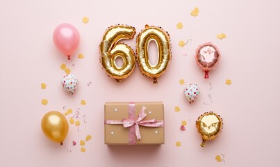Happy 60th Birthday Flat Lay with Gold Balloons, Gift Box, and Confetti on Pink Background, birthday, party, celebration