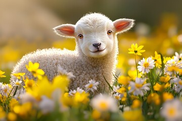 Fototapeta premium Sweet Lamb in a Field of Daisies, Lamb, Spring, Nature