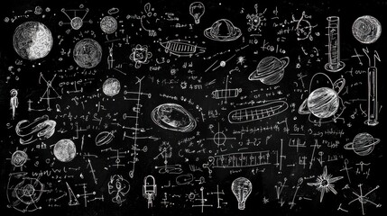 Blackboard with Complex Equations and Academic Illustrations