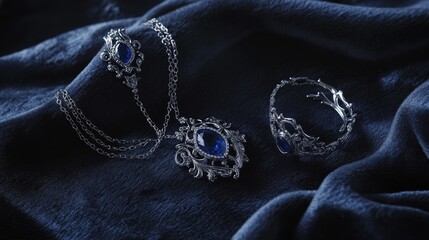Obraz premium Elegant Silver Jewelry with Blue Gemstones on Fabric