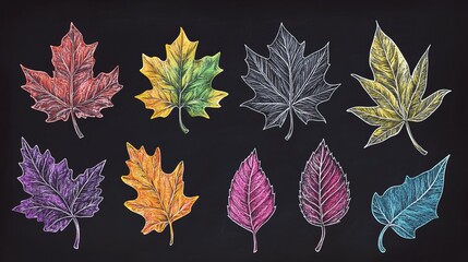 Fototapeta premium Chalk-Drawn Autumn Leaves on Black Chalkboard for Fall Decor, Tattoo, and Seasonal Designs