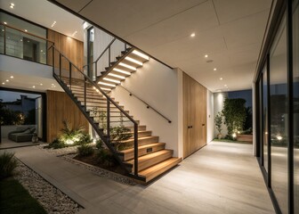 Fototapeta premium Modern Minimalist Indoor Wooden Staircase Design for Contemporary Homes