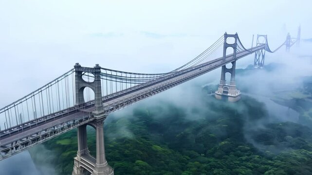 Bridge over the river in morning fog. Abstract suspension bridge on natural landscape with aerial view