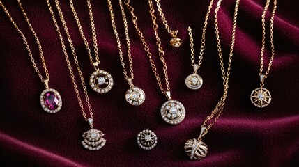 Fototapeta premium Elegant Gold Necklaces with Gemstone Pendants