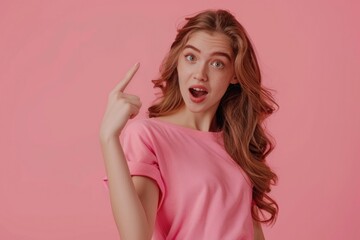 Fototapeta premium Teen girl pointing and showing copy space in shock.