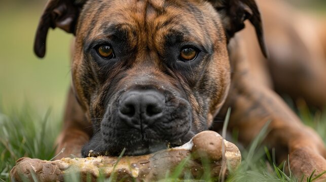 A large boxer dog lies sprawled out on lush, green grass, intensely gnawing on a sizeable bone, showing off its strong jaw and vibrant, expressive eyes.