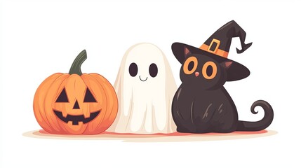 Obraz premium Cute Halloween Characters Set: Ghost, Pumpkin, Black Cat & Witch Hat for Spooky Fall Cosplay
