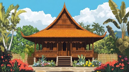 Naklejka premium Traditional Wooden House in Tropical Paradise