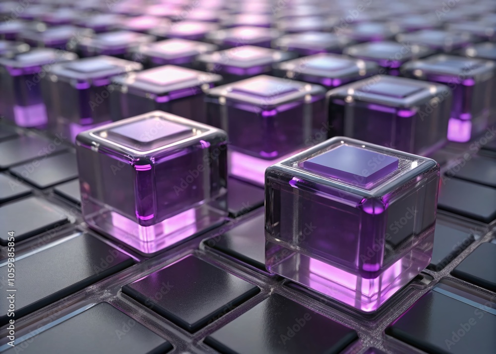 Poster modern tech background with lilac and black translucent cubes in long exposure - 3d render for futur