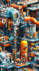 Intricate industrial machinery with colorful pipes and gauges, showcasing a complex network of components in a modern factory setting.
