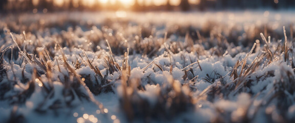 Obraz premium Close-up panoramic view of ice and snow on grass at sunrise in Winter Winter seasonal concept