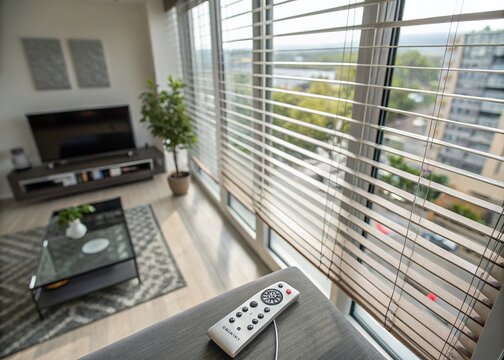 Modern Tilt-Shift Photography of Raffstore and Jalousie with Remote Control for Smart Home Interiors