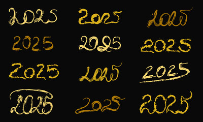 A collection of hand drawn 2025 designs in various unique and artistic styles. Golden custom brush numbers isolated on black background creating festive, creative spirit for2025 New Year celebration